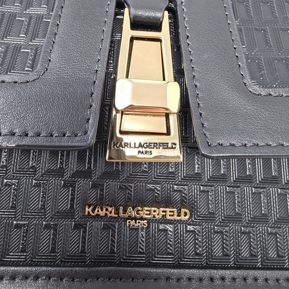 Karl Lagerfeld Paris Black Woven Leather Shoulder Bag Gold Clasp - Picture 8 of 10